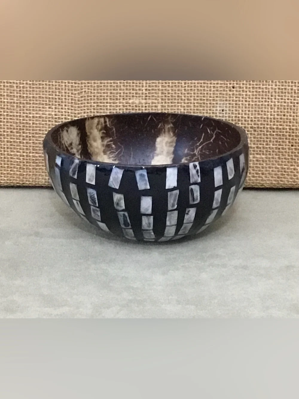 Brazil Station Handcrafted Black Coconut Shell Bowl with Mother of Pearl Inlay